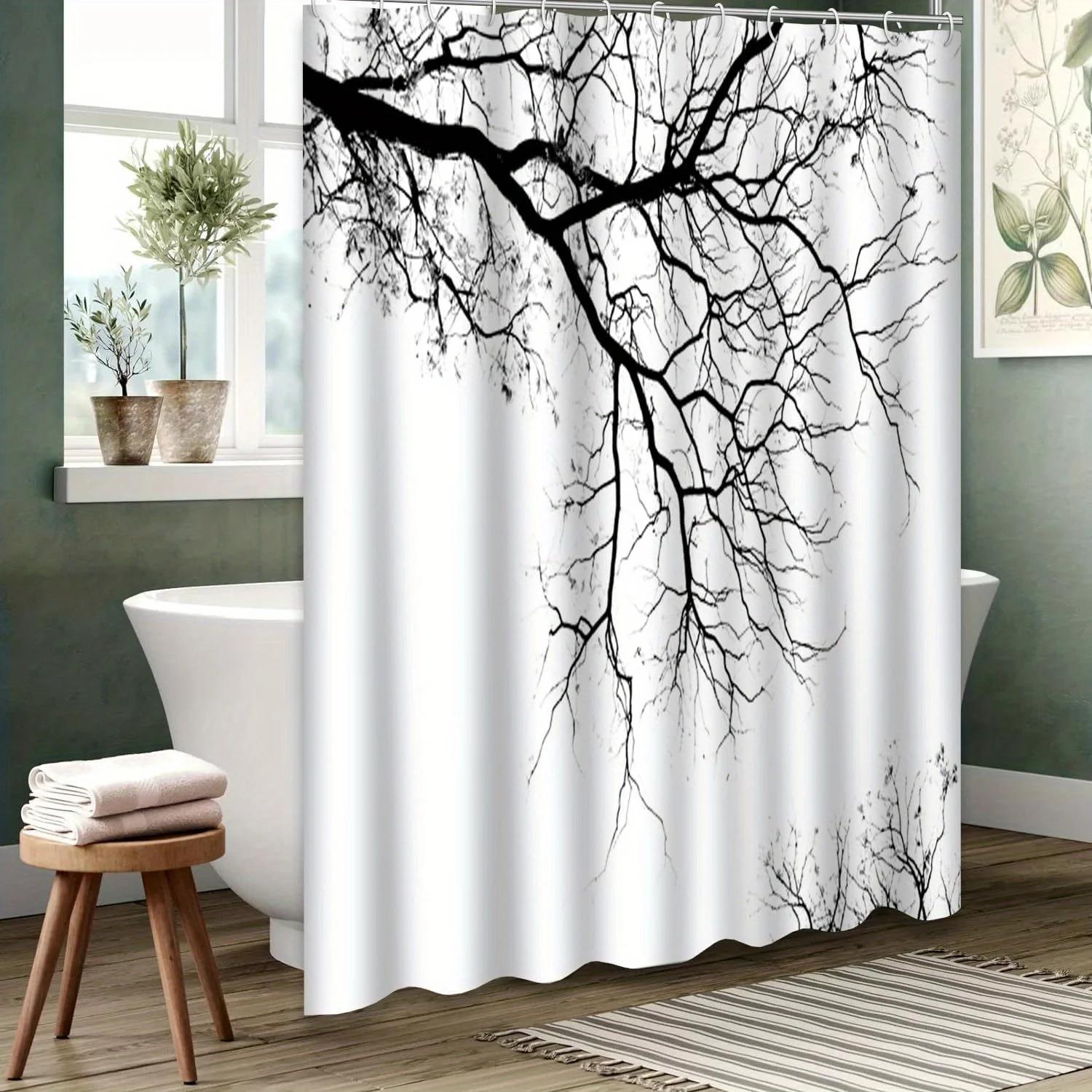 

Абстрактная ветка дерева Шторка для душа - Черно-белый художественный дизайн, 72 x72 , Включает 12 крючков, Осенний/Зимний декор W90xH180cm