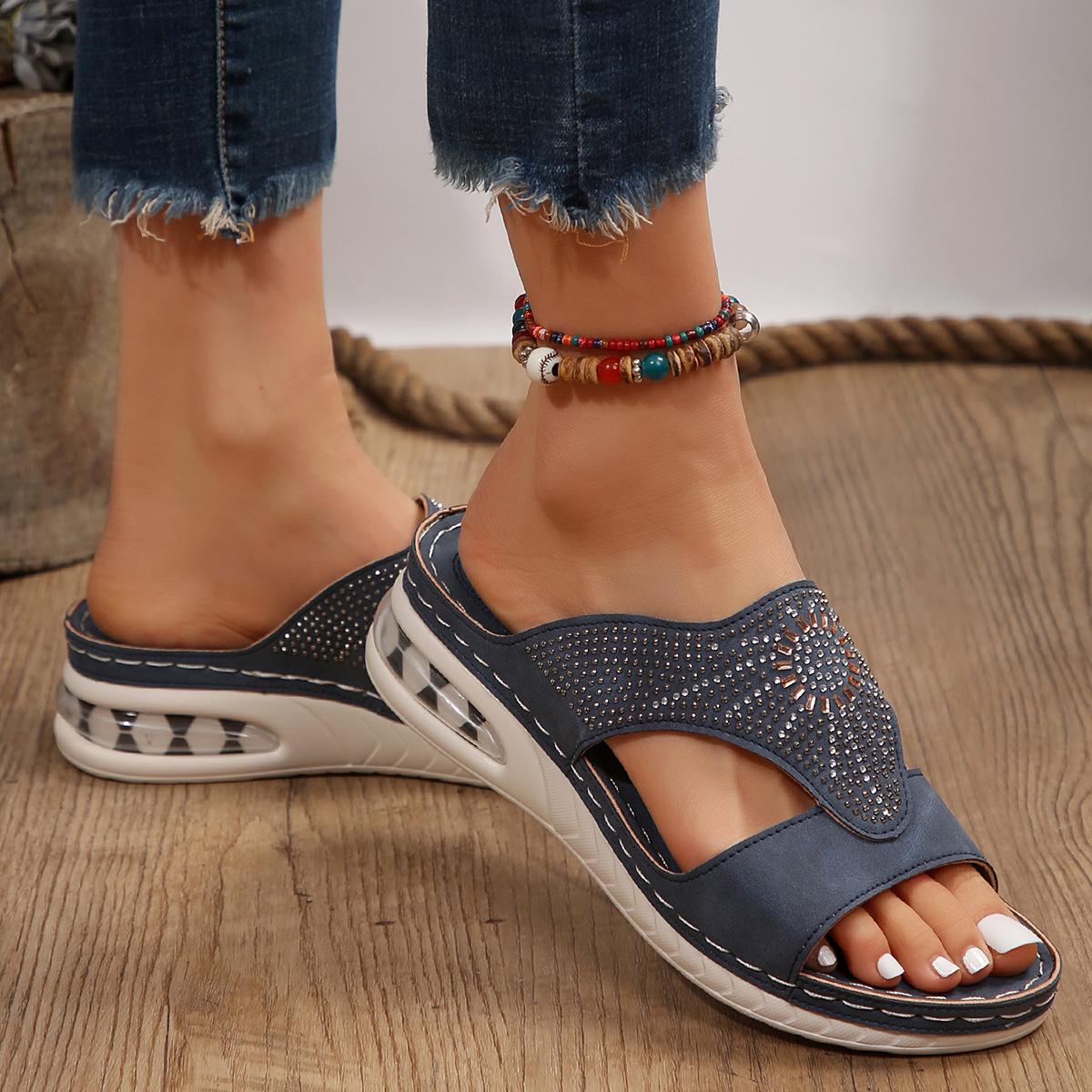 

Большие сандалии для женщин с рыбьим ртом, весна-лето 24, новые пляжные туфли с круглым носком и полым ромбовидным каблуком на платформе для женщин 36 тёмно-синий