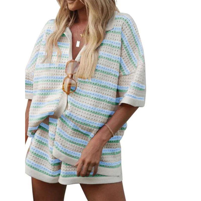 Striped Knit Collar Shirt Shorts Set Stripes Knitted Lapel Shirt Shorts Suit