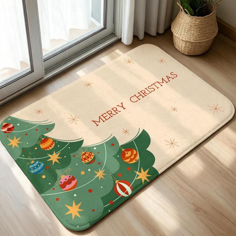 Snowy Light Up Christmas Tree Doormat Winter Snow Night Scene Print Indoor Entryway Floor Rug Merry Xmas Holiday Area Carpet