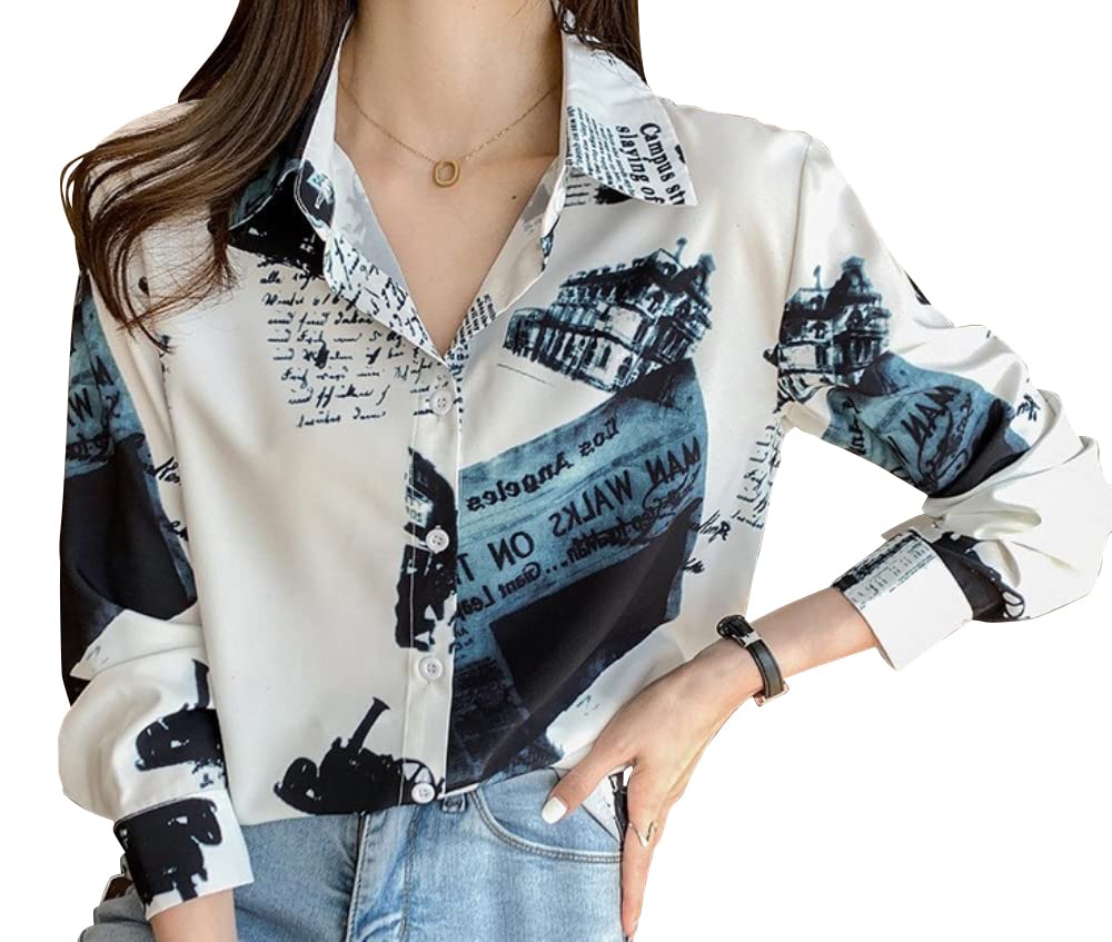 Fairy Stone Long Sleeve Chiffon Blouse with Letter Size Women's Print, V-Neck, Casual/Formal, B-24 (White, M)