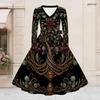 Women Plus Size V Neck Long Sleeve White Printed A Line Flared Dress With Tie Waist