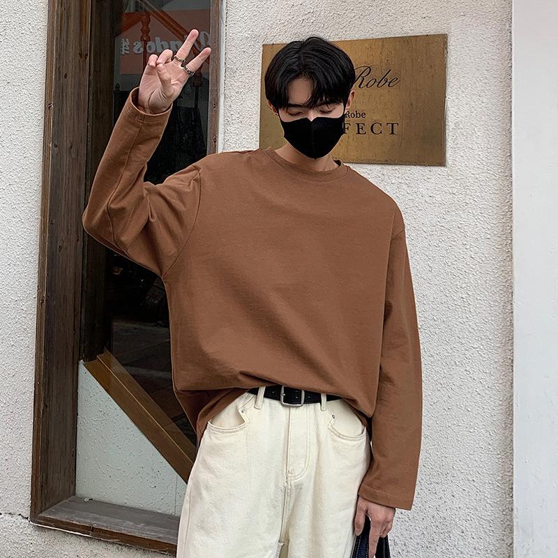 

Осенне-зимняя однотонная футболка с длинным рукавом, мужская свободная большого размера, базовая, мужская и женская, джемпер с круглым вырезом 2XL глубокая кофе