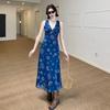 Super Good-looking Printed V-neck Vest Dress, Seaside Vacation Style Waist Repair Off-the-shoulder High-waisted A-shaped Long Skirt