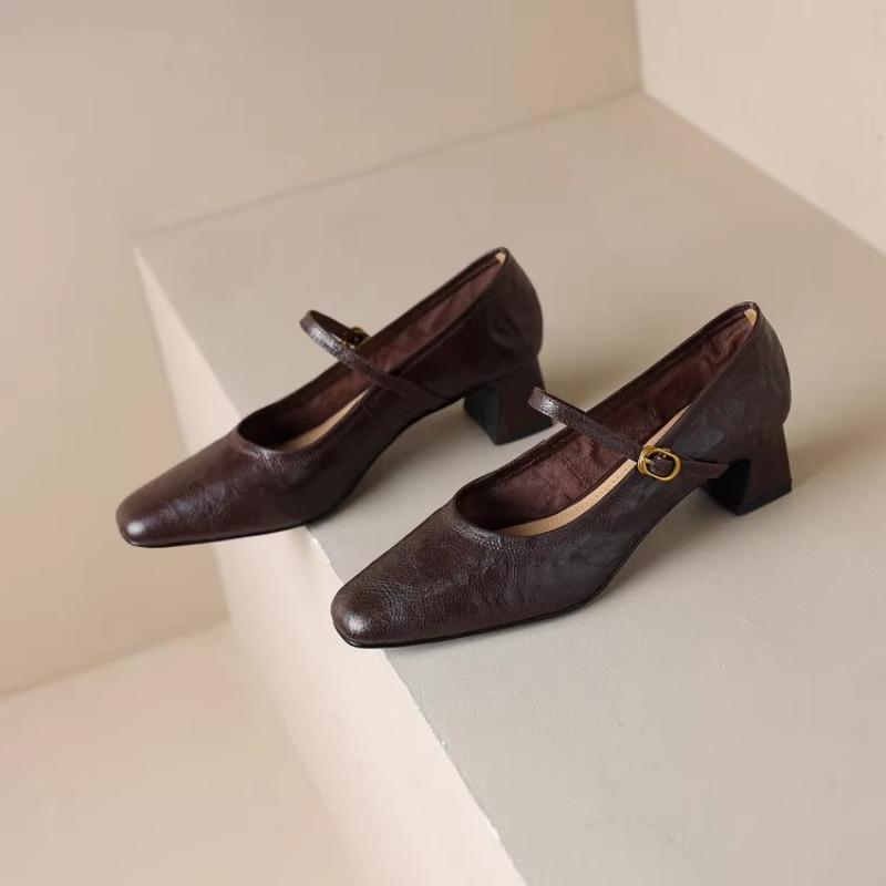 Skinny Little Square Head! Leather Light Mouth Single Shoes Women's Thick Heel Retro Mary Jane Shoes Burgundy Middle Heel Leather Shoes