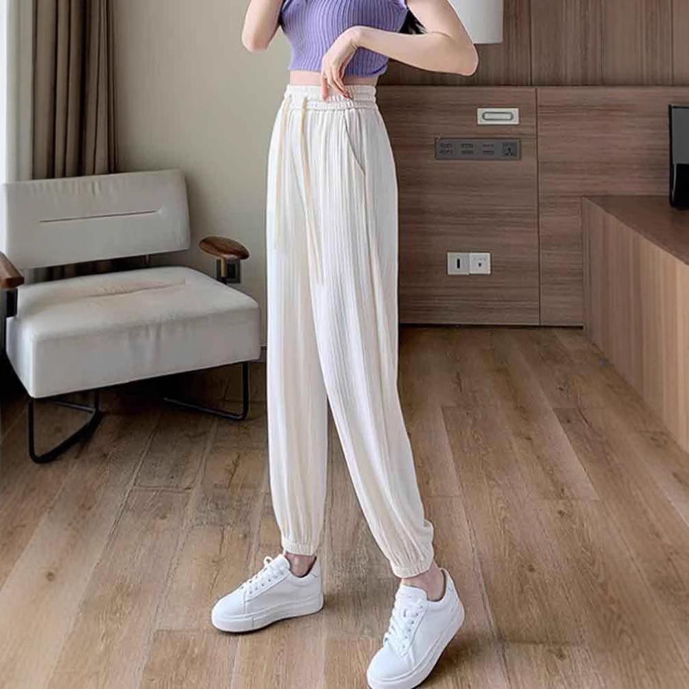 

Women s 145cm Ice Silk High-Waisted Petite Sports Pants, Thin Nine-Point Casual with Mosquito-Proof Ankle Ties M (96-105 lbs)