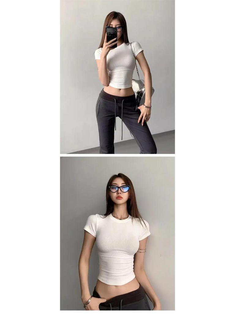 Schlankes geripptes Damen-Crop-Top - Sommer Elastischer Rundhalsausschnitt Kurze Ärmel