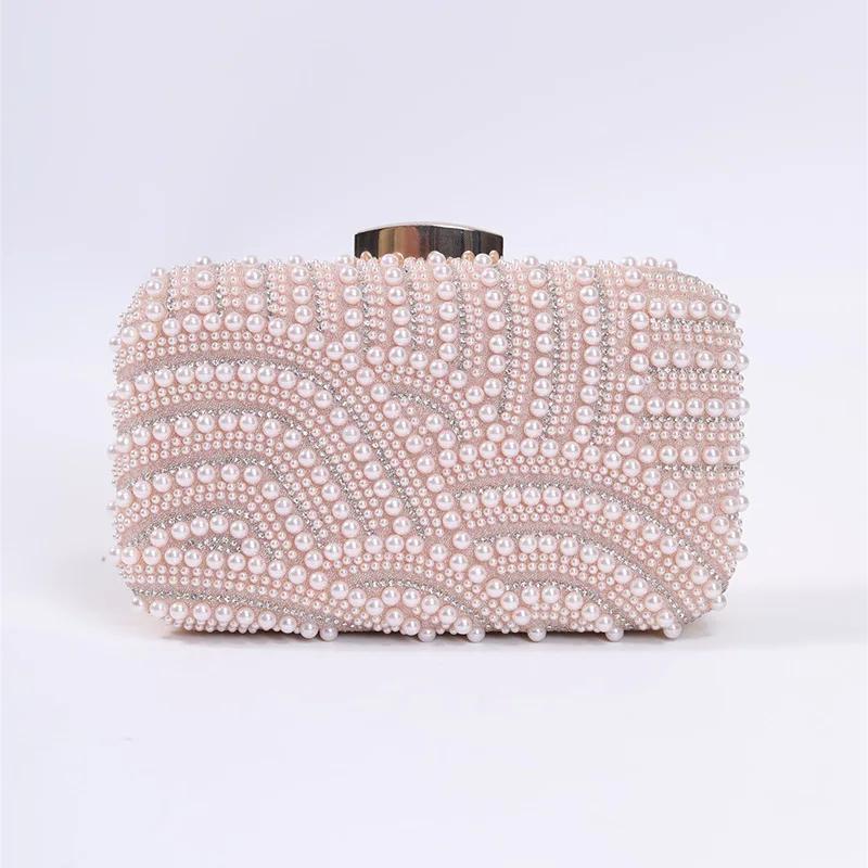 Ladies Pearl Elegant Evening Bag Able Stylish Beading Wedding Dinner Party Banquet Dress Clutch Bag with Long Chain Purse