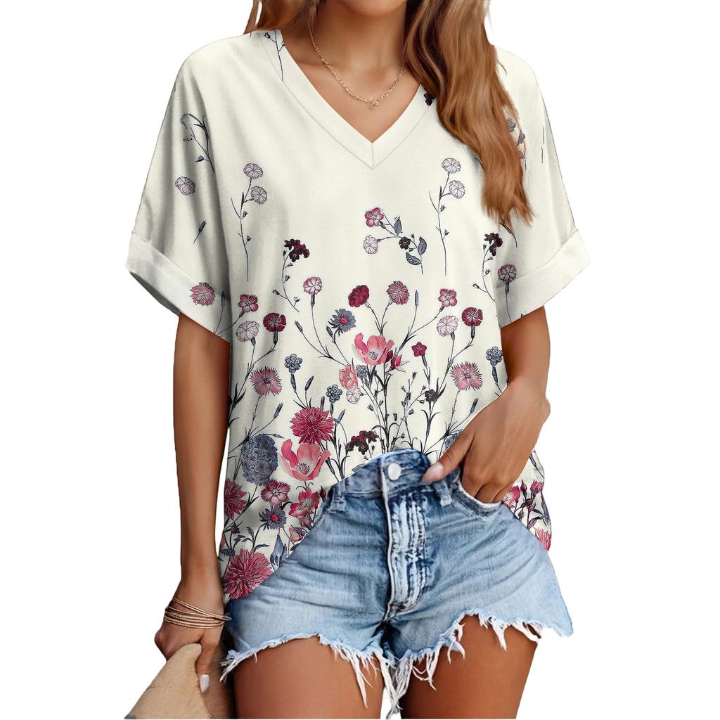 Women's Fashionable Casual Everyday Versatile Floral Print Slim-Fit Summer Short-Sleeve Top