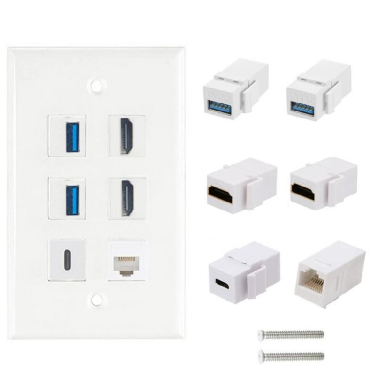 Decorative Wall Panel 6 Port HDTV USB3.0 Type C CAT6 Keystone Port RJ45 6 Port White Decorative Face Panel for Wall