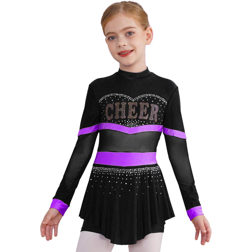 Girls One Piece Cheerleader Costume Long Sleeve Mesh Patchwork Shiny Diamonds Cheerleading Bodysuit