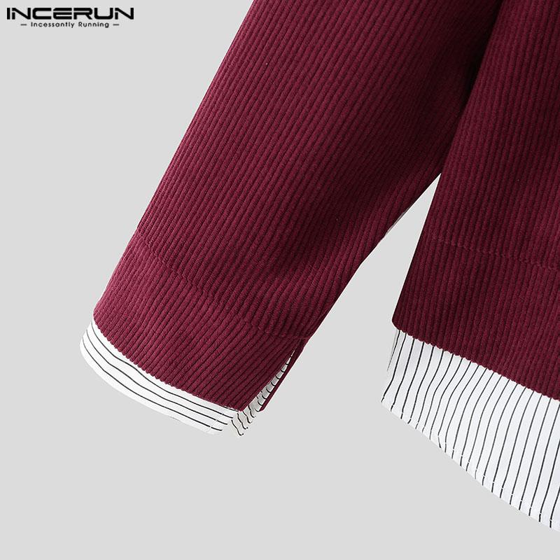 INCERUN Cămăși de Primăvară pentru Bărbați cu Guler Rever, Mânecă Lungă, Patchwork în Dungi, Nasturi, Topuri din Catifea Cord