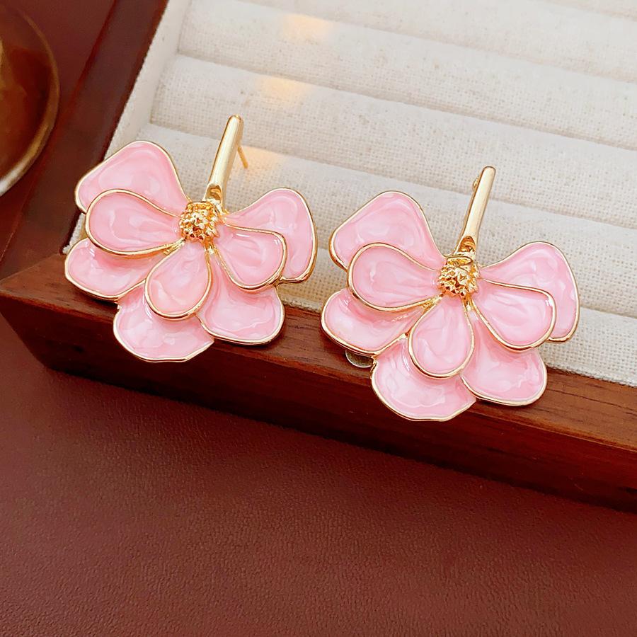 Double Layer Dripping Oil Flower Stud Earrings Sweet Elegant Pink Petal Enamel Ear Studs Fancy Dating Wedding Jewelry Gifts K1
