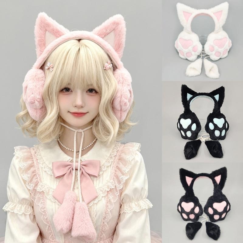 Soft Ear Covers In a Plush Cats Ear Headband with Paws Pad, Decorative Earmuffs for Casual Winter Outdoor, Daily Cold Weather Warmth