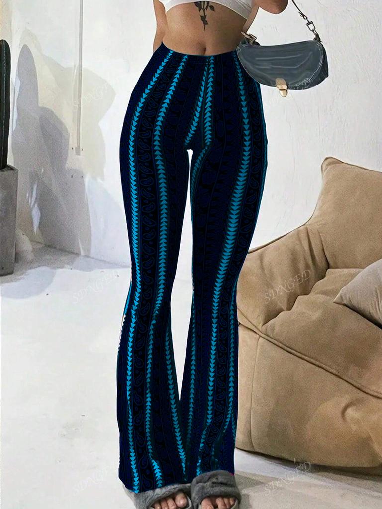 Women's Flared Pants with Paisley and Stripe Pattern, High Waist Bell Bottom Trousers