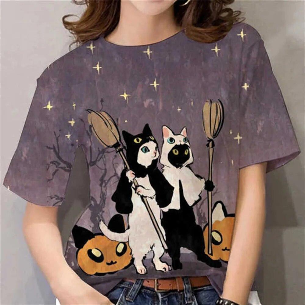 Camiseta para Mujer con Estampado 3D de Gato de Anime de Dibujos Animados, Cuello Redondo, Manga Corta Blanca, Ropa para Mujer, Tops de Verano Casual, Sudadera