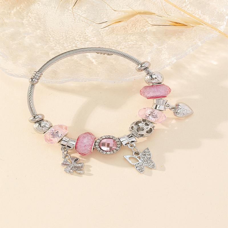 Handmade Beaded Bracelet Leaf Butterfly Pendant Alloy Charms Crystal Rhinestone Wristband for Women Girls