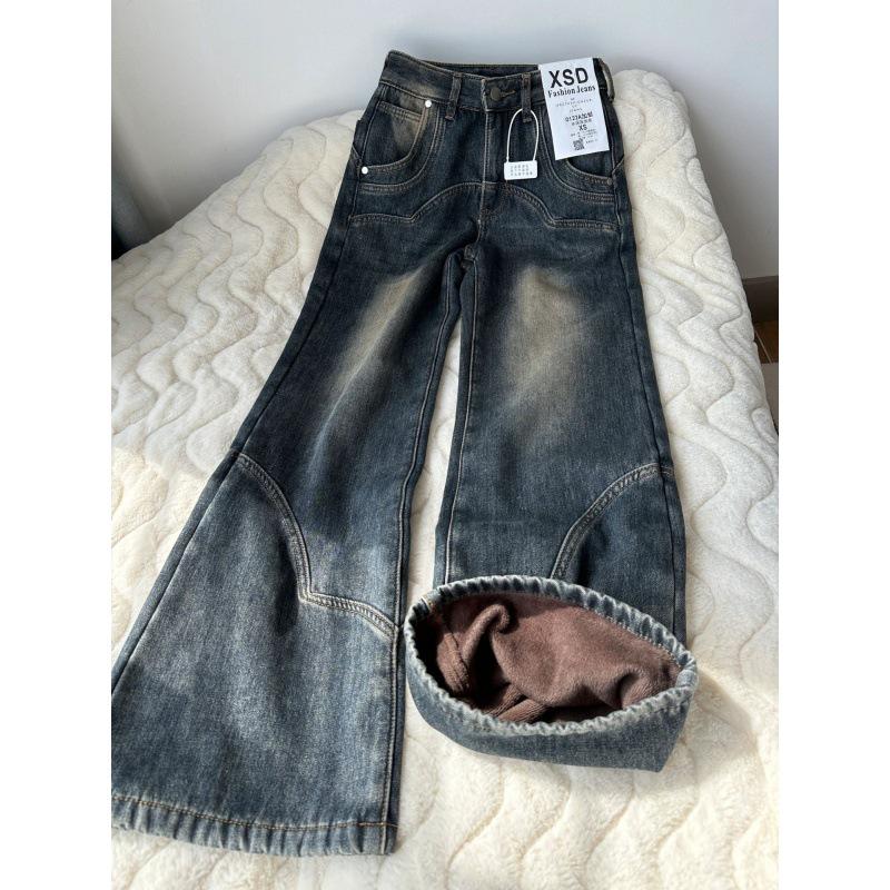 Plus Size Fleece-Lined American Style Wide-Leg Flare Jeans for Women - Autumn/Winter, Non-Stick Slim Fit