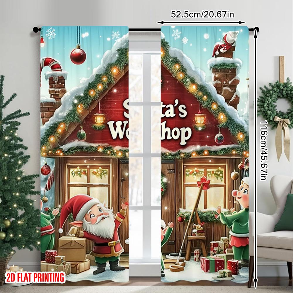 2pcs 2D flat printing Merry Christmas Popular Window Drapes Santa's Cabin Versatile Polyester Without Electricity Spring Party &