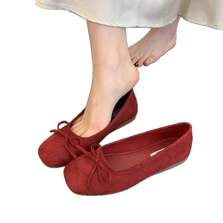Wildleder rote Einzel Schuhe Damen Herbst neu flacher Mund ein Pedal Retro sanfter Feenwind Ballerina flache Mütze Schuhe