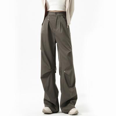 American Retro Willow Nail Cargo Pants for Women High Waist Straight Leg Trousers Slim Pleated Design Loose Wide Leg Casual Pants