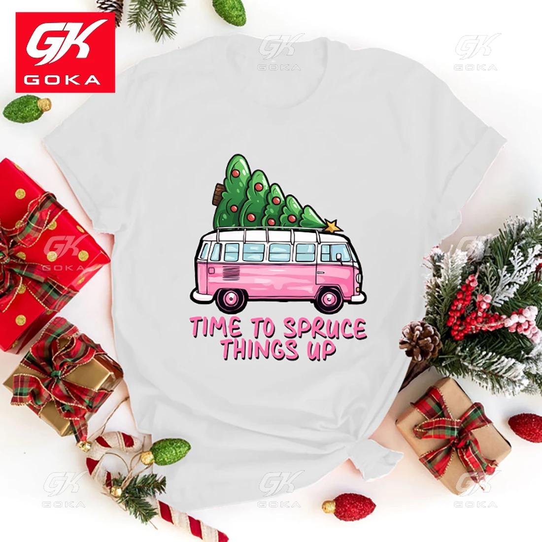 Hot Christmas Time To Spruce Things Up Printed Cotton T Shirt Women Short Sleeve Funny Christmas Time To Spruce Things Up Round S
