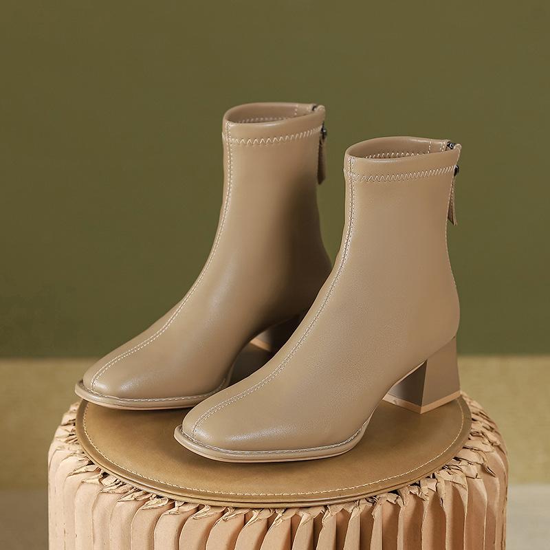 Schmale Damenstiefel mit dicker Sohle und vielseitigem quadratischem Zehenbereich für den Weg zur Arbeit und Reißverschluss hinten, Kurzstiefel für Damen