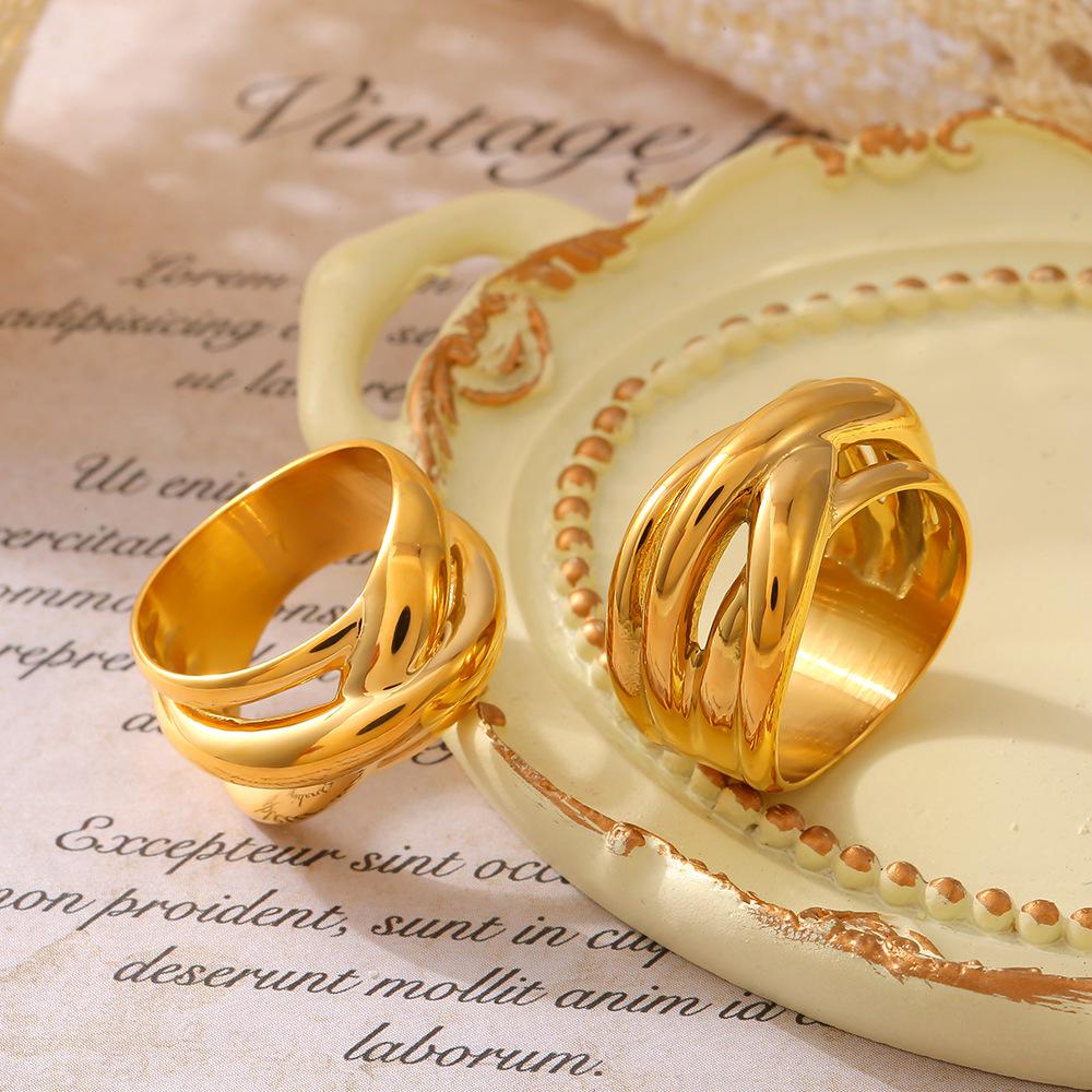 18k Gold Plated Geometric Multi-layer Titanium Steel Hollow Ring