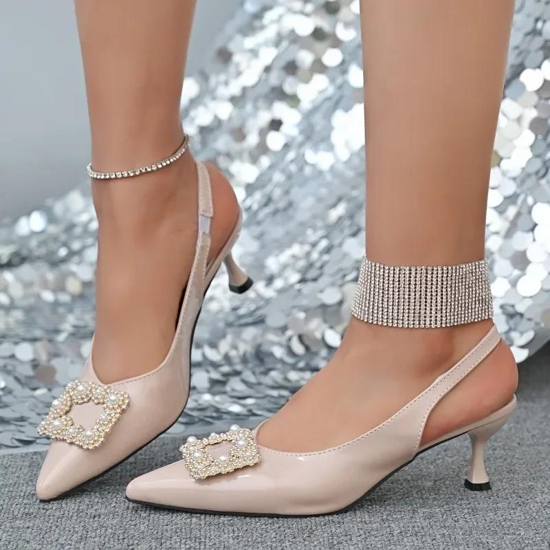 Dámská módní obuv 2025 Slingbacks Dámské vysoké podpatky Nadměrná velikost Společenské lodičky Dámské Čtvercové zapínání Špičatá špička Tenké podpatky Nazouvací sandály