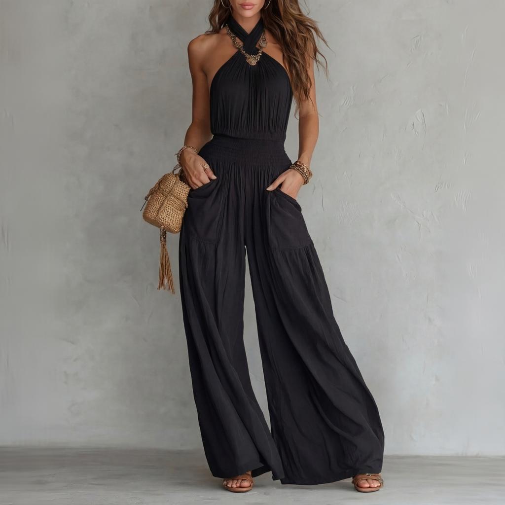 Ärmelloser Rückenfreier Jumpsuit für Damen, Neckholder, Weites Bein, Mit Taschen, Lässiger Lockerer Einteiler