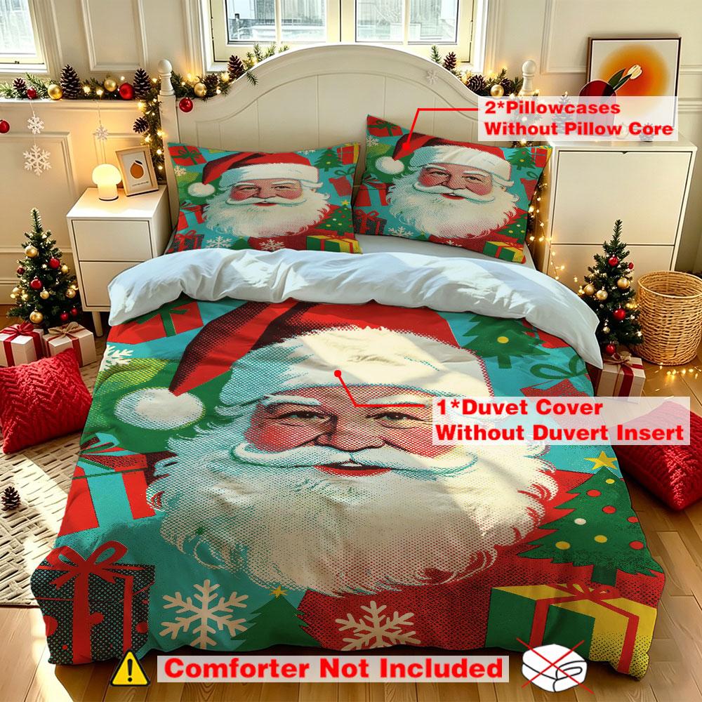 Christmas Duvet Cover Set 3Pcs Santa Claus Portrait Gift Tree Print Soft Microfiber Bedding with Pillowcases Decor