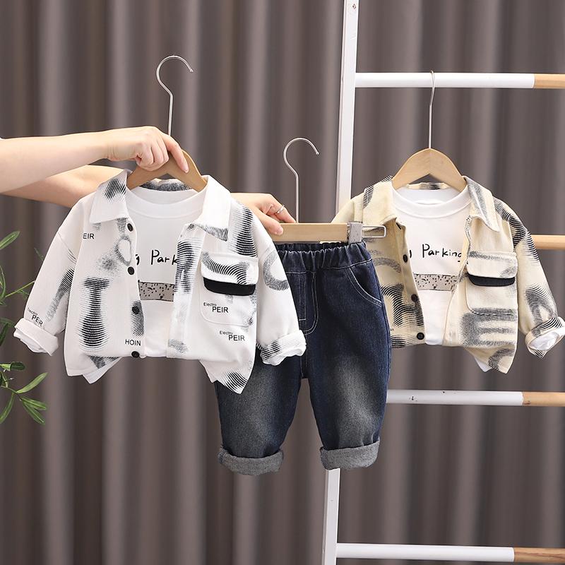 Boys' Long Sleeved 3-piece Set, 0-5-year-old Children's Letter Printed Jacket+white T-shirt+casual Denim Pants, Handsome Clothes