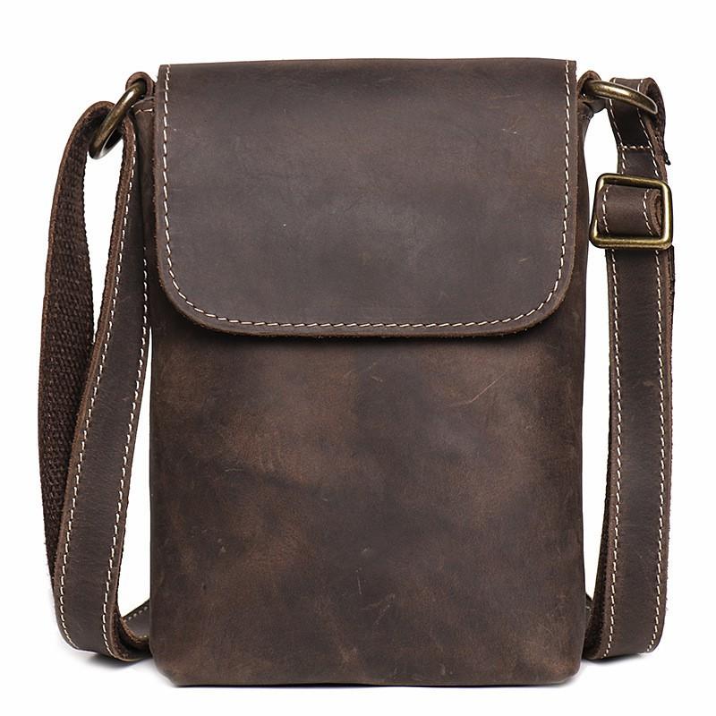 New Men s Genuine Leather Shoulder Bag Crazy Horse Minimalist Crossbody Cowhide Retro Phone темно-коричневого