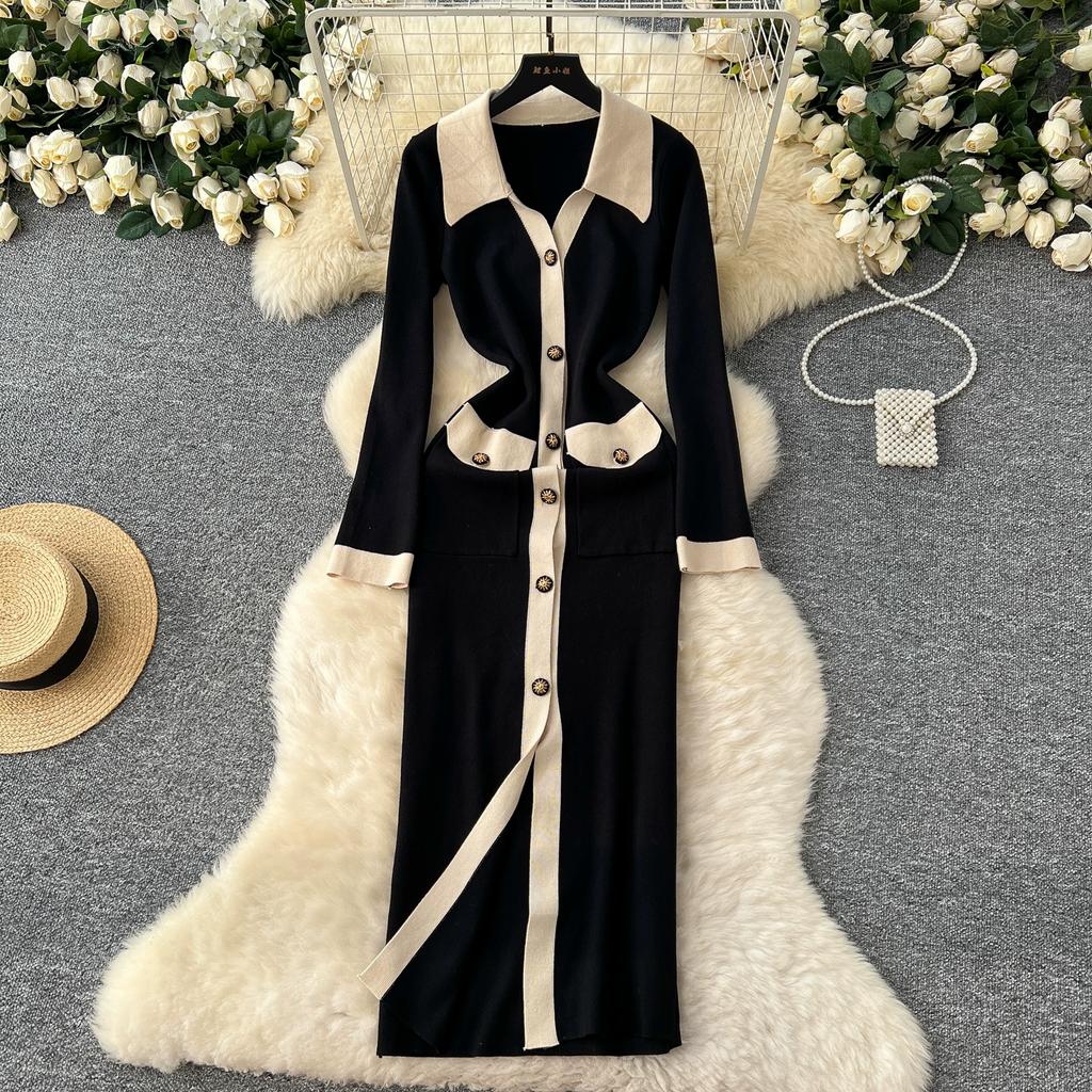 Autumn Winter Women Elegant Color Blocking Single Breasted Knitted Sweater Long Maxi Slim Bodycon Party Dresses
