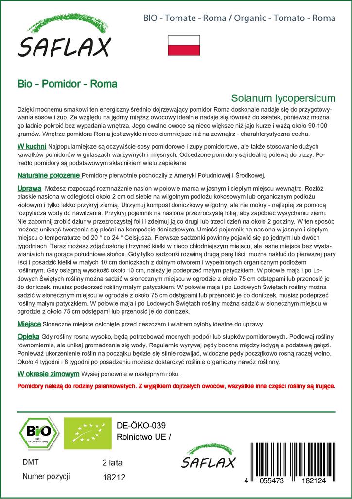 SAFLAX Garden In the Bag - Organic - Tomato - Roma - 15 Seeds - With Substrate In a Fitting Stand Up Bag - Solanum Lycopersicum