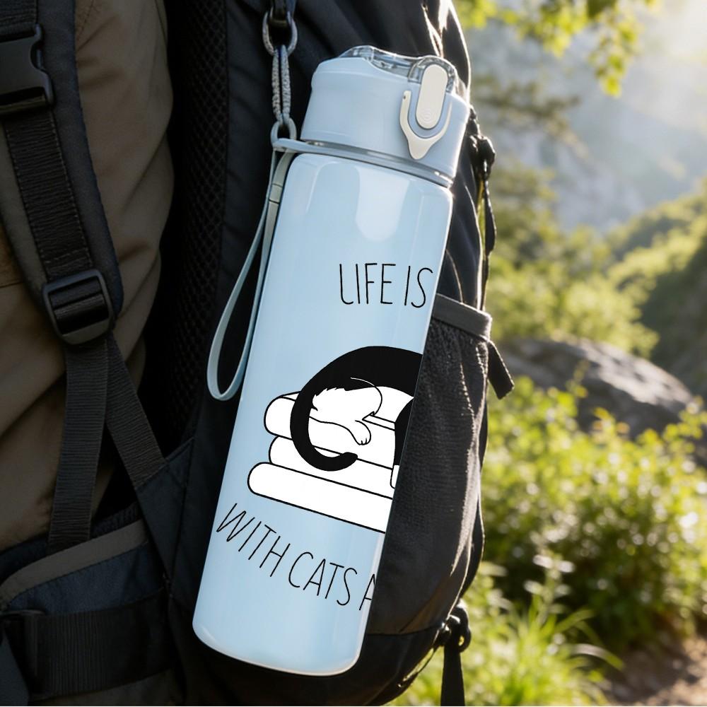 1PC Life Is Better With Cats And Books 750ml Color Plastic Sports Water Bottle Leakproof Flip Straw Lid Suitable for Sports Office Home Use