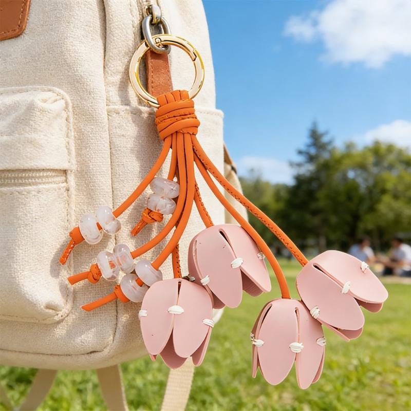 Elegant Tulips Shaped Leather Keychain With Beaded Accent For Bags And Keys Stylish Accessory Gift