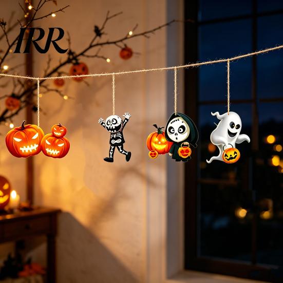 Halloween Holiday Decoration 6Pcs Wooden Hanging Decoration, Ghost Pumpkin Eyeball Party Supplies Ornament with Rope, Spooky