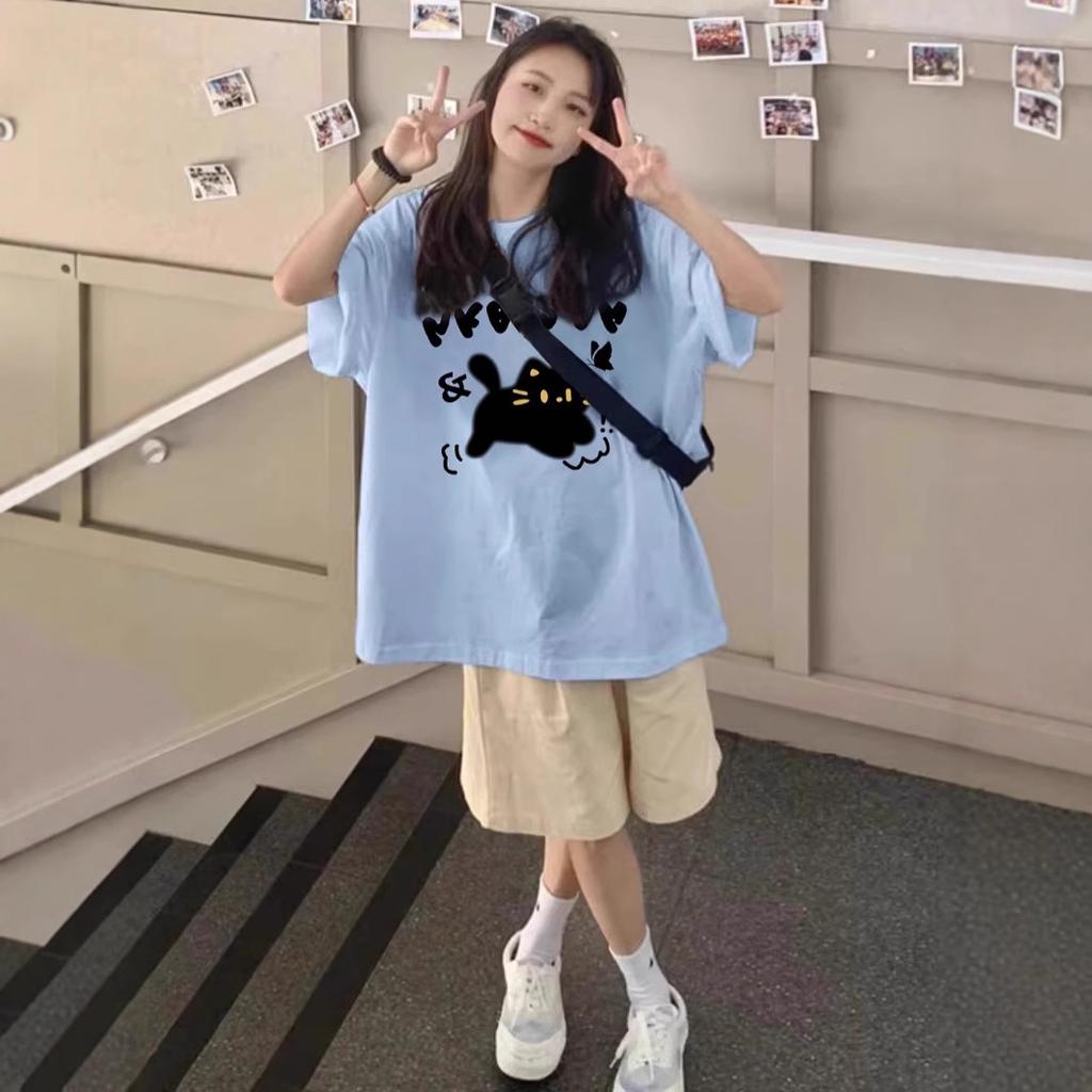 American Retro Design Kitten Print Short-sleeved T-shirt Pure Cotton Spring and Summer Loose Large Version Couple Men's and Women's Tops