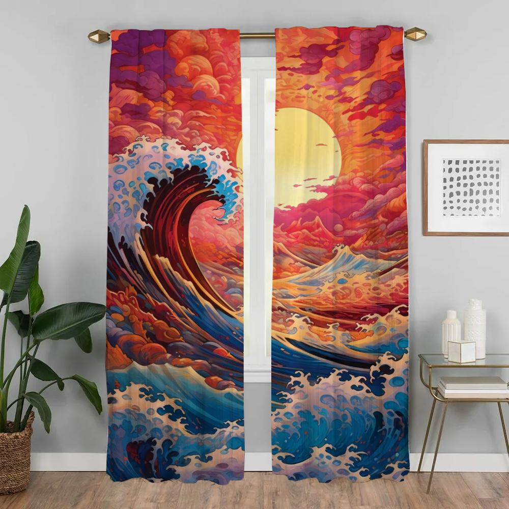 Wellenvorhänge für Wohnzimmer Vorhang Tüll für Schlafzimmer Heimtextilien Vorhänge 2 Stück Schattierungen Raumteiler Halloween Dekoration