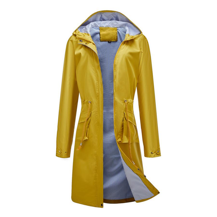 Oversized Long Casual Windbreaker for Women, Waterproof, Hooded, Solid Color Top, Striped Lining, Straight Cut Jacket