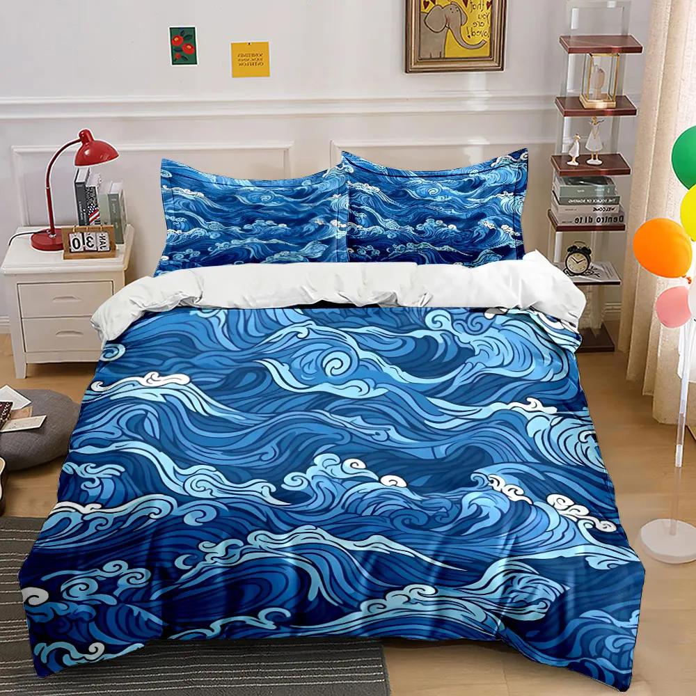 Ocean Waves Decorative Set Bedding Set with 1 Duvet Cover 2 Pillowcases Single Double King Queen Gift