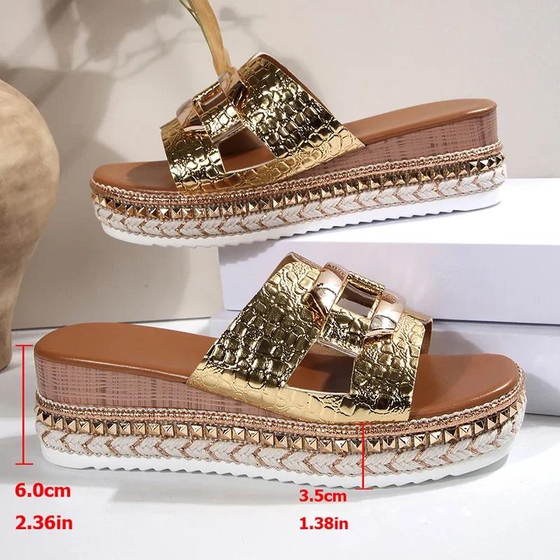 Fashion Platform Wedge Sandals for Women 2025 Summer Square Toe Thick Bottom Slippers Woman Plus Size Rivets Decor High Heel Sandles New