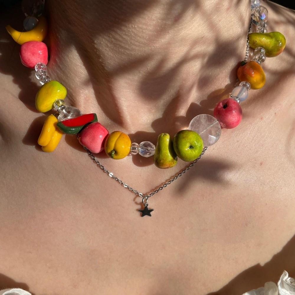 Colorful Beaded Fruit Necklace Bohemian Fruit Charms Necklaces Fashion 3D Fruit Choker Jewelry