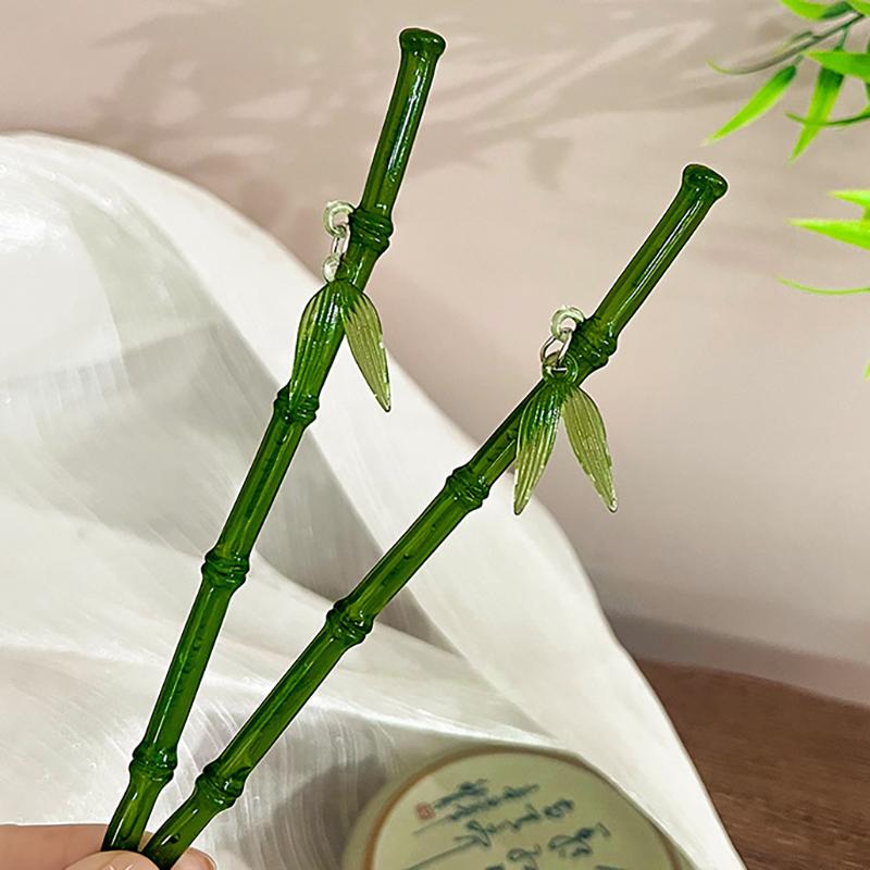 2024 New Chinese Style Green Plastic Bamboo Leaf Hair Stick For Women Girls Vintage Acrylic Chopstick Hairpin Hair Accessories