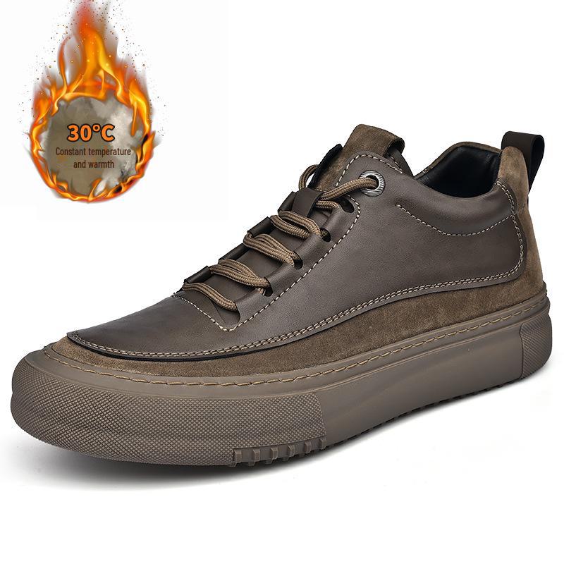 Men's Winter Fashion Low-Top Leather Martin Shoes - Casual, Lace-Up, Plus Velvet Warm.