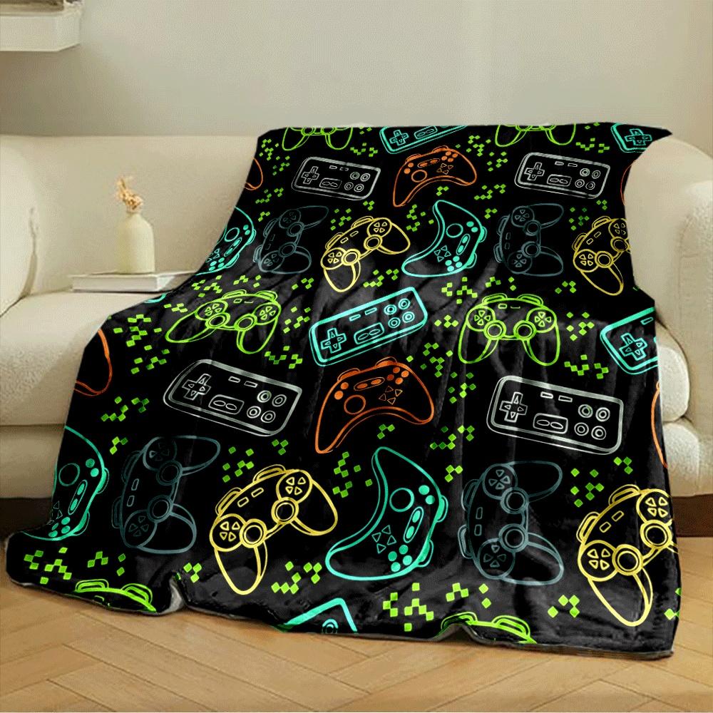 Colorful Video Game Controllers and Pixel-like Shapes On a Black Background. for All Seasons Blanket Lunch Break Throw Gift