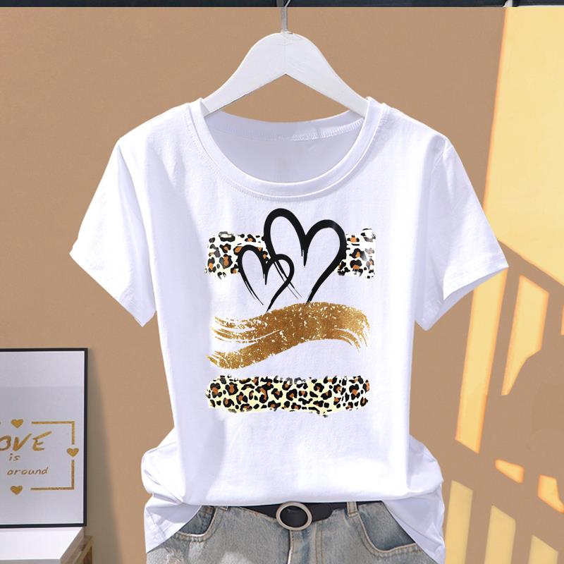 (Asian Size) leopard letter trend Top O-neck Tee Fashion Print Casual Short Sleeve T-shirts T Graphic Female Women's Clothing