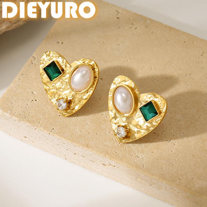 DIEYURO 316L Stainless Steel Golden Retro Hammer Pattern Heart Inlay Zircon Pearl Earrings For Women New Fashion Jewelry Gift