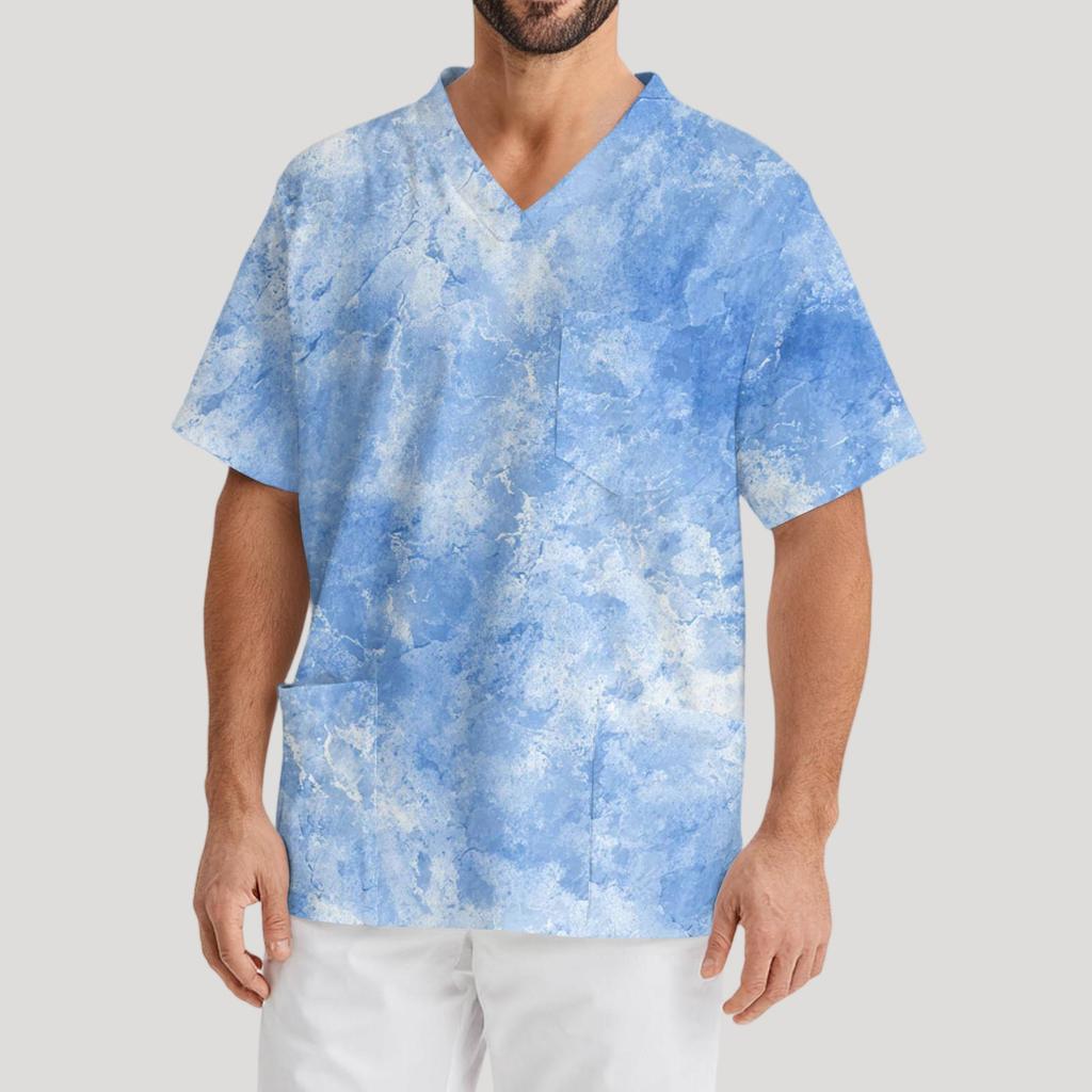 Men's Printing Short Sleeve V-neck Working Blouse Chest Pocket Carer Top